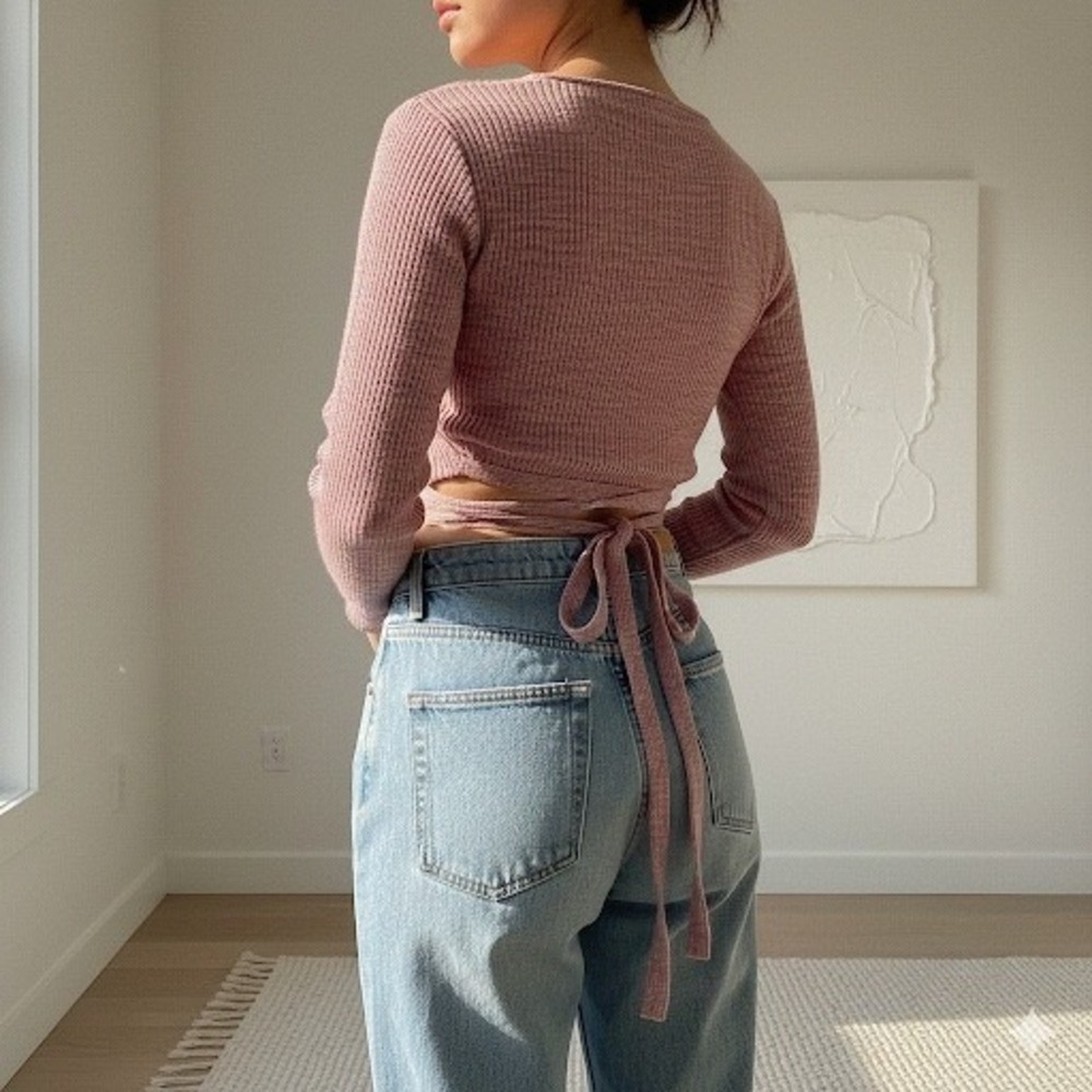 Skonhet Dusty Rose Ribbed Long Sleeve‎ Wrap Tie Waist Crop Top M Balletcore soft